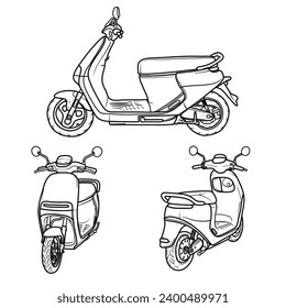 Futuristic Electric Scooter Bike hand drawn ink line art, moped vector illustration line art, isometric, side and rear view Isolated on white background 