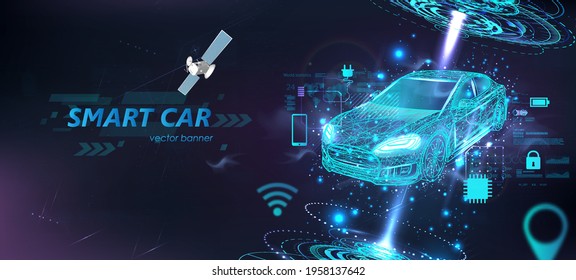 Futuristic electric smart car in polygonal style with HUD interface and icons. Hologram smart auto in Wireframe in line low-poly. Smart automobile banner. Virtual graphic interface HUD. Vector