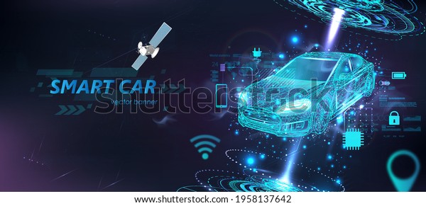 Futuristic\
electric smart car in polygonal style with HUD interface and icons.\
Hologram smart auto in Wireframe in line low-poly. Smart automobile\
banner. Virtual graphic interface HUD.\
Vector