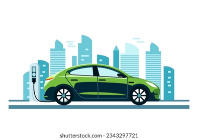 Vehículo Eléctrico Futurista, Estación de Carga de Coches Eléctricos, Transporte Ambientalmente Amigable, Salvar el Concepto de Tierra, Ilustración Vector de Estilo Plano.