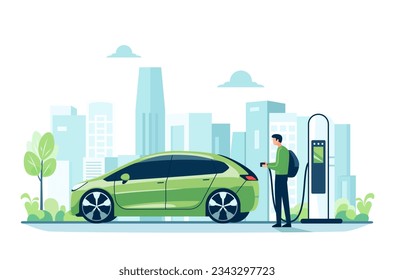 Vehículo Eléctrico Futurista, Estación de Carga de Coches Eléctricos, Transporte Ambientalmente Amigable, Salvar el Concepto de Tierra, Ilustración Vector de Estilo Plano.