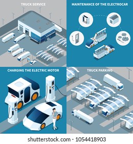 Futuristic Electric Vehicles Isometric Design Concept With Truck Service, Car Maintenance, Motor Charging, Parking Isolated Vector Illustration 