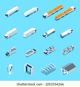 Futuristic electric vehicles, trucks and cars, charging station, isometric icons isolated on blue background vector illustration 