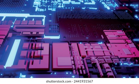 Futuristic electronic circuit board. Concept of central computer processors. Technological and scientific justification. Abstract communication processor. 3D vector illustration
