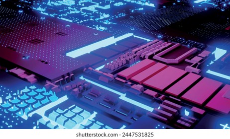 Futuristic electronic circuit board. Concept of central computer processors. Technological and scientific justification. Abstract communication processor. 3D vector illustration
