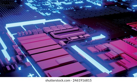 Futuristic electronic circuit board. Concept of central computer processors. Technological and scientific justification. Abstract communication processor. 3D vector illustration