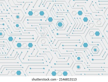 Tecnología de circuito electrónico futurista y hexágono en segundo plano. Sistema de conexión de datos digitales de alta tecnología. Tarjeta madre para equipos. Concepto de comunicación e ingeniería. Ilustración vectorial.