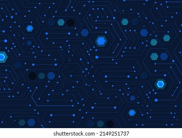 Futuristic electronic circuit technology and hexagon on blue background. Hi-tech digital data connection system. Computer motherboard. Communication and engineering concept. Vector illustration.