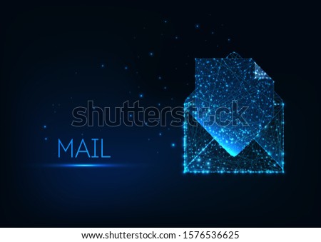 Futuristic electronic mail documentation correspondence concept with glowing low polygonal open envelope and paper document 