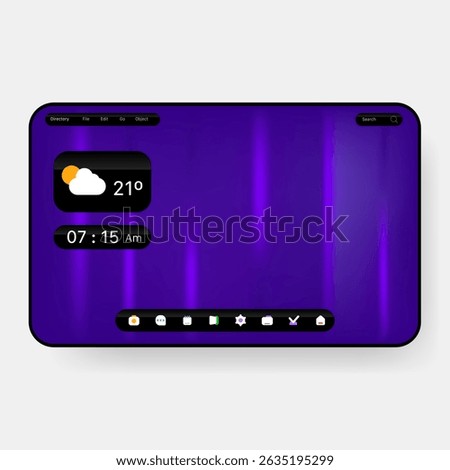 Futuristic and elegant user interface design of a digital tablet home screen featuring a purple gradient background, weather widget, digital clock, top menu bar, and bottom app dock