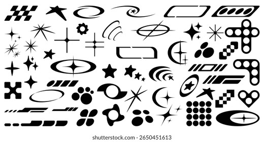 futuristic elements for design. big collection of retro style, abstract graphic, geometric, symbol and y2k. Template for posters, notes, banners, stickers, business cards, logos, t-shirt designs
