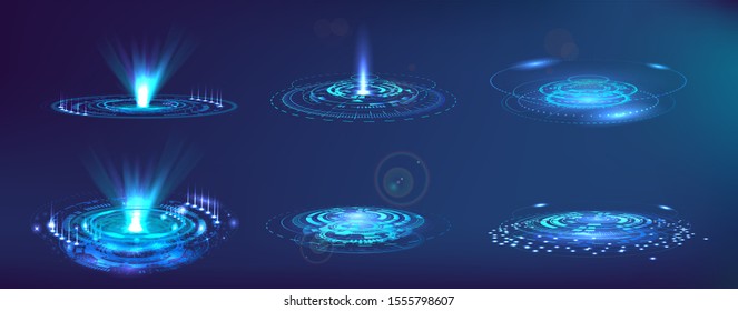 Futuristic elements FUI, GUI, HUD. Set abstract circle hi-tech. Projector, hologram UI elements virtual reality. Sci-fi interface. Vector set Futuristic User Interface. Sky-fi collection.