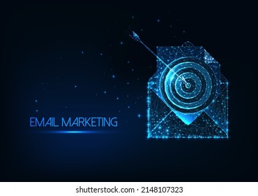 Futuristic email marketing concept banner with glowing low polygonal mail envelope and target