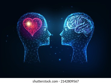 Futuristic emotional and intellectual intelligence concept with human heads with heart and brain