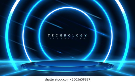 Futurista podio vacío azul cielo sobre fondo azul con efectos de luz de neón con decoraciones bokeh. Concepto de diseño de escena de lujo.