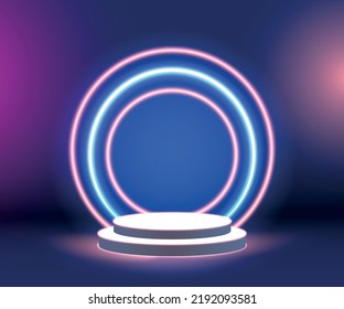 Futuristic empty round pedestal or podium with neon light. Colorful minimal concept design. Abstract modern art illustration for presentation template. Bright 3d render.