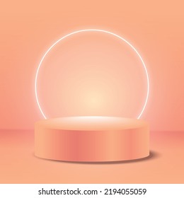 Futuristic empty round pedestal or podium with neon light. Colorful minimal concept design. Abstract modern art illustration for presentation template. Bright 3d render.