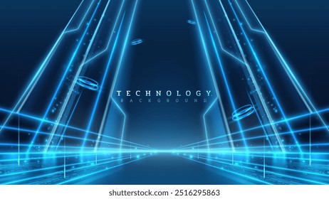 Futuristic empty stage decorated with neon beams and bokeh with drones flying around, modern technology background design concept, blue backdrop.