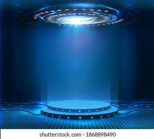 Futuristic empty stage. Modern Future background technology Sci-fi interior concept. Podium for show your product. futuristic cyberpunk concept. Circle presentation podium template for UI, UX, KIT,GUI