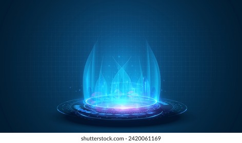 Campo de energía futurista en el fondo de la cuadrícula. Un escudo de energía brillante activado en una rejilla digital. portal de holograma de lue. Portal de fantasía mágica. Podio del telepuerto del círculo mágico. Ilustración del vector