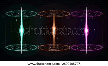 Futuristic energy portal interface with three glowing vertical beams, circular holographic rings, particles, and neon sci fi panels on dark grid.