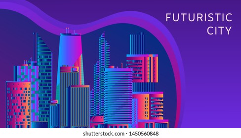 Futuristic, energy technology and cityscape vector abstract concept. Image of light rays, stripes lines with blue and violet light. Futuristic city and dark blue background.