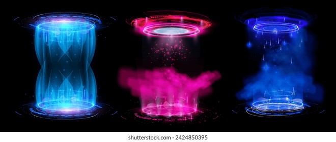 Futuristic Energy Vortexes with Vibrant Glowing Effects - Sci-Fi Concept. Magic game ui portal with round platform, neon glowing blue and pink gradient rays and vortex. Vector illustration