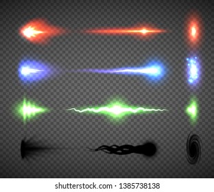 Futuristic energy weapon firing effect vectors, sci-fi or computer game graphics of weapon nozzle flash, projectile and hit, an electric, blaster, laser, singularity or plasma gun shots illustrations