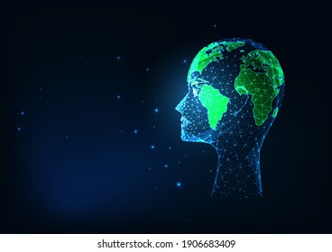 Futuristic environment conservation concept with glowing low polygonal human head and green world map on dark blue background. Modern wireframe mesh design vector illustration.