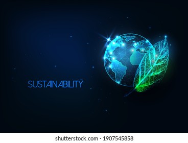 Futuristic environment conservation concept glowing low poly globe map with green leaf isolated on dark blue background. World environment conservation concept. Vector illlustration