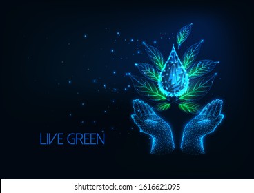 Futuristic environmentally friendly lifestyle concept with glowing low polygonal human hands holding green leaves and water drop isolated on dark blue background. Modern wire frame mesh design vector.