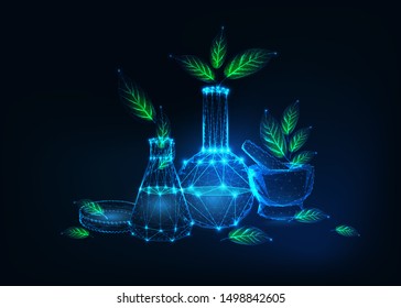 Futuristic environmentally friendly technology concept with glowing low polygonal chemical laboratory equipment and green plants on dark blue background.  Modern wireframe design vector illustration.