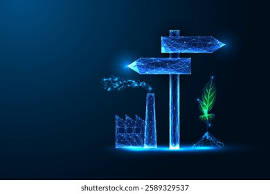 Futuristic ESG concept with signpost pointing toward industrial pollution or environmental sustainability. Corporate responsibility, climate action, and ethical decision-making. Low poly vector.