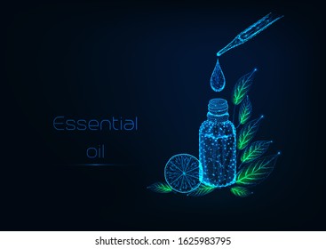 Futuristic essential oils therapy concept with glowing low polygonal pipette, bottle, oil drop, herbal leaves and lemon slice on dark blue background. Modern wire frame mesh design vector illustration