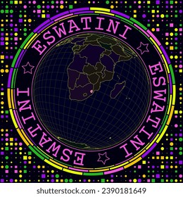 Futuristic Eswatini on globe. Bright neon satelite view of the world centered to Eswatini. Geographical illustration with shape of country and geometric background. Captivating vector illustration.