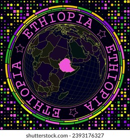 Futuristic Ethiopia on globe. Bright neon satelite view of the world centered to Ethiopia. Geographical illustration with shape of country and geometric background. Classy vector illustration.