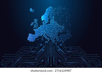 Mapa de la Europa futurista hecho de redes de polígonos brillantes sobre placa de circuito, infraestructura digital, conectividad de datos y sistemas tecnológicos europeos. Moderna Ilustración vectorial azul neón de baja poli.