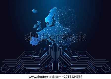 Futuristic Europe map made of glowing polygon networks above circuit board, digital infrastructure, data connectivity and European technology systems. Modern neon blue low-poly vector illustration.