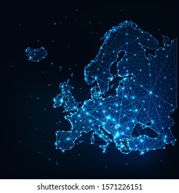 Futuristic Europe outline connectivity map with lines, stars, triangles, light particles framework. Communication, connection concept. Modern low polygonal wire frame mesh design vector illustration.