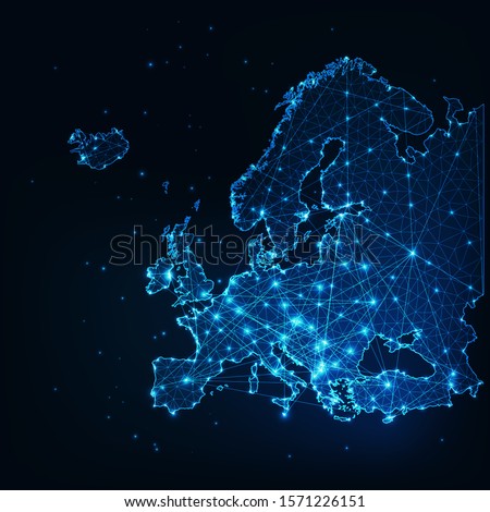 Futuristic Europe outline connectivity map with lines, stars, triangles, light particles framework. Communication, connection concept. Modern low polygonal wire frame mesh design vector illustration.