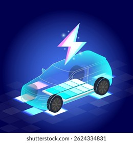 Futuristic EV with a transparent body, revealing its battery system. A glowing lightning bolt symbolizes charging, set against a dark blue high-tech background.