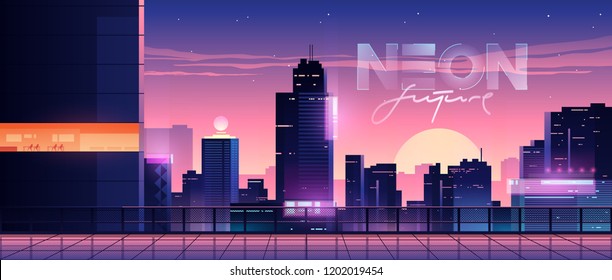 Futuristic evening city. Cityscape on a sunset background with bright and glowing neon purple and blue lights. Cyberpunk and retro wave style illustration.