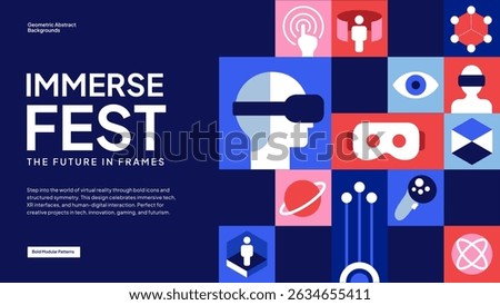 Futuristic Event Pattern – Blue Grid Design with Abstract Human and VR Icons for Innovation and Tech Conferences