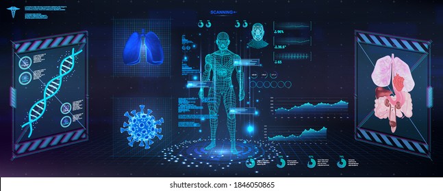 Examen futurista del cuerpo humano con una interfaz HUD. Salud moderna Investigación de la salud humana, radiografía del cuerpo humano del holograma poligonal. GUI, UI, HUD para la aplicación de medicina. Escaneo corporal. Vector