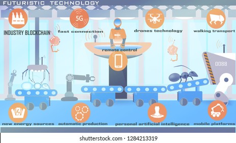 Futuristic factory. Industry blockchain. Robot assembly. Smart production. Robotic control. 5G internet. Flat.  Colorful. Illustration for internet articles and banners. Vector. Futuristic icons set.
