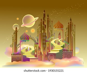 Futuristic fantastic landscape of a fairy-tale city on an alien planet. Flight to Mars. Abstract fantasy background of fairyland kingdom for banner or poster.