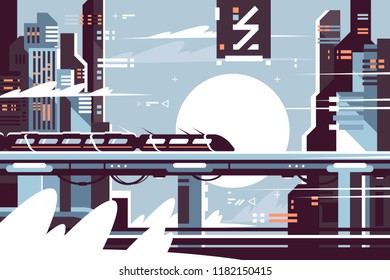 Futuristic fantastic train of future. Concept moving electric train in city. Vector illustration.