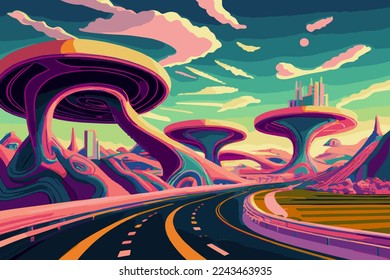 Futuristic fantasy city with ultra speed highways, illustration