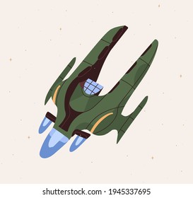 Futuristic fantasy spacecraft flying in outer space. Flight of intergalactic spaceship. Spaceflight of cosmic shuttle. Colored flat cartoon vector illustration of UFO spacewalk in cosmos