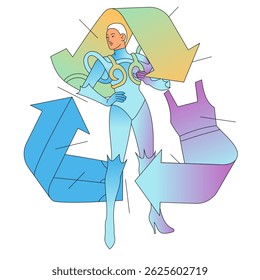 Futuristic fashion figure with recycling arrows and sustainable theme